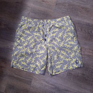 Tom & Teddy Swim Trunks Neon Yellow Gray Gecko All Over Print Drawstring Shorts